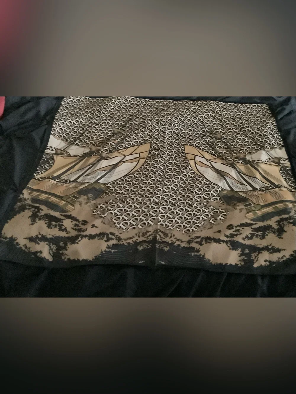 Oversized 35x35 Satin Scarf Sailing Ship Nautical Print Black Beige NWOT